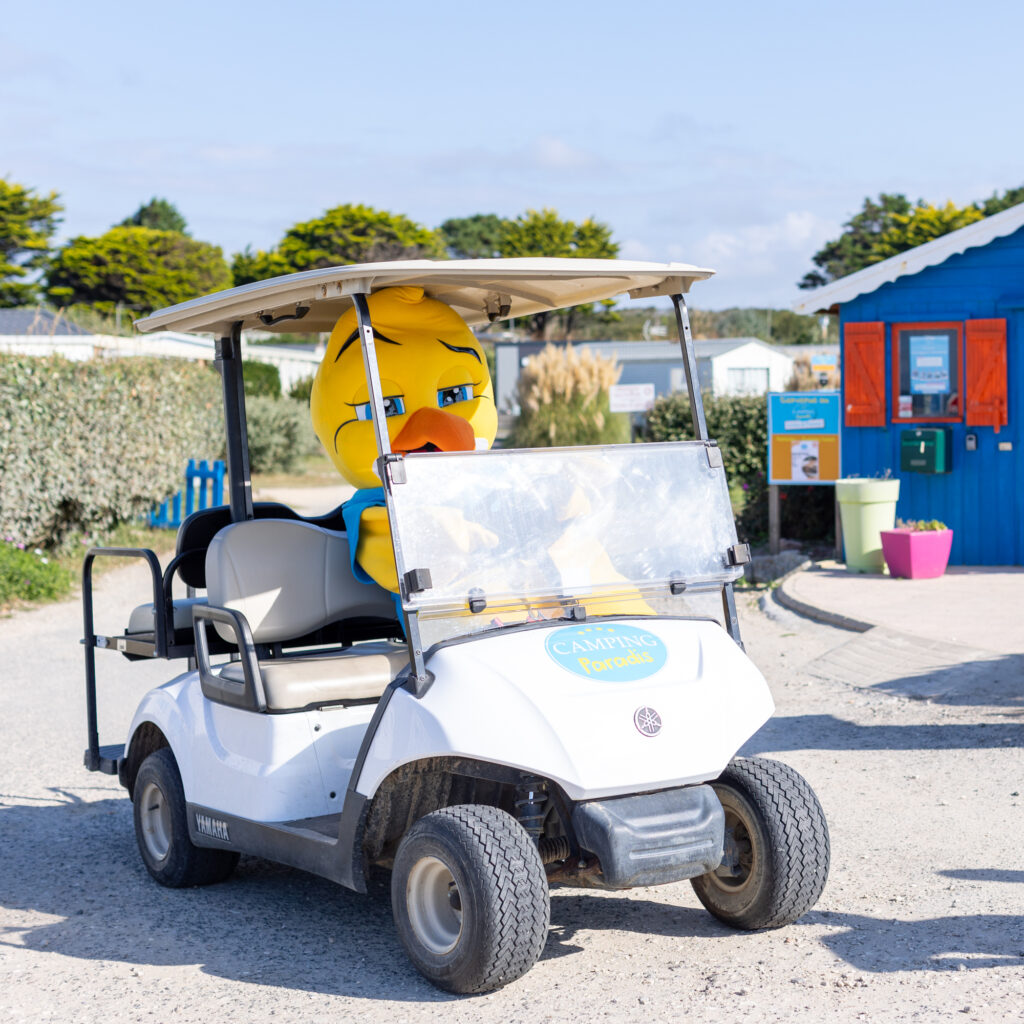 Camping paradis Baie de Ploemeur golfette et mascotte